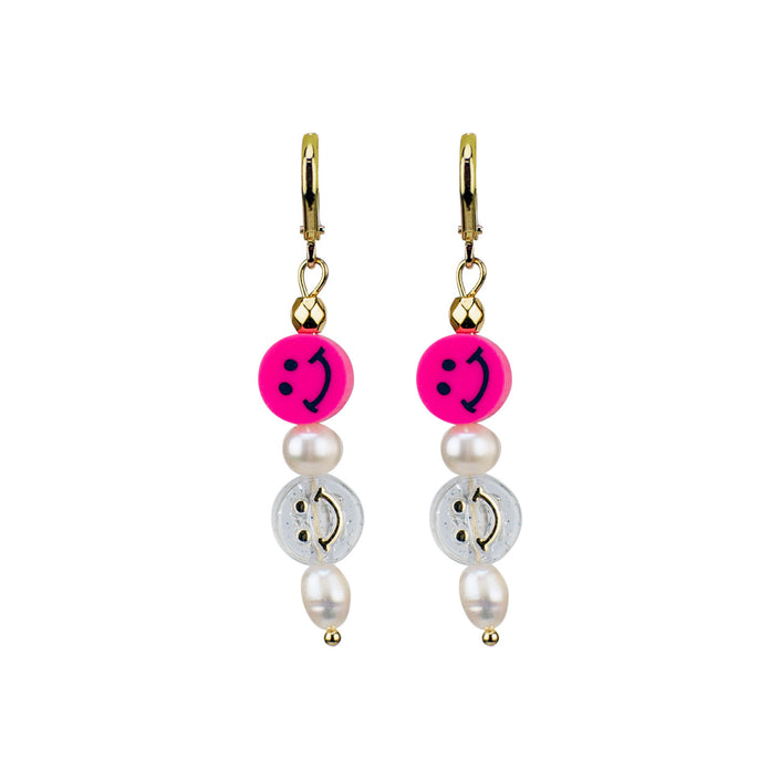 Pearly Double Smiley Hoop Earrings in Fuschia