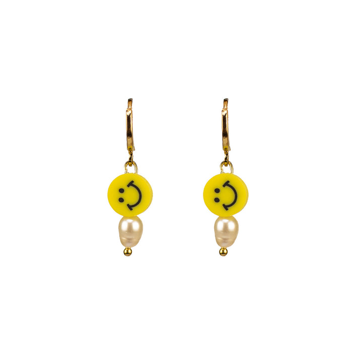 Pearly Smiley Hoop Earrings in Bright Yellow
