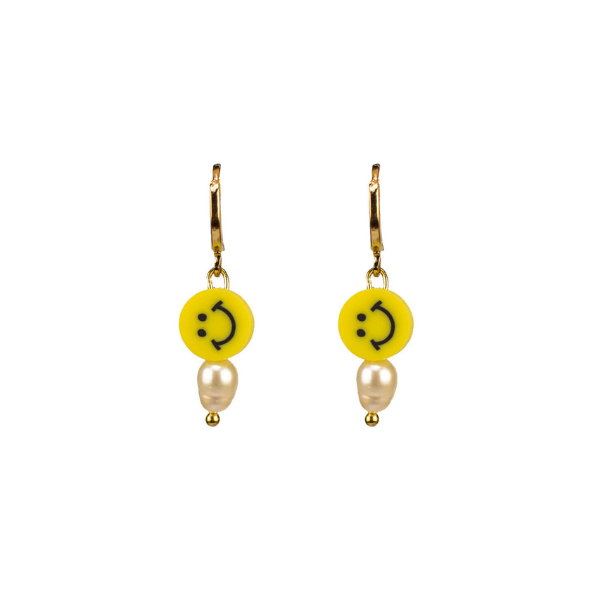 Pearly Smiley Hoop Earrings in Bright Yellow