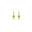 Close up of pearly smiley hoop earrings in bright yellow