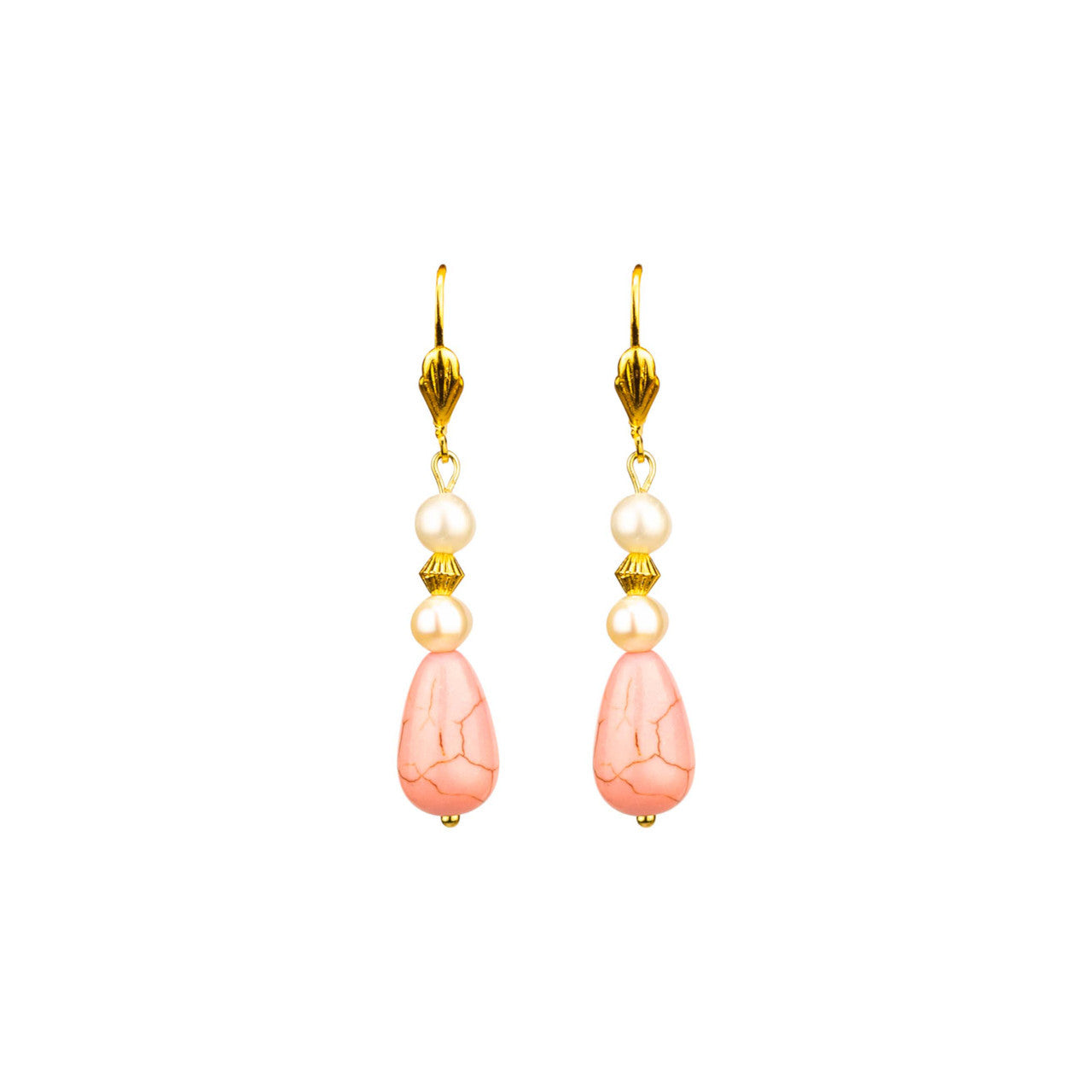 Close up of pearly pink stone hoop handcrafted earrings
