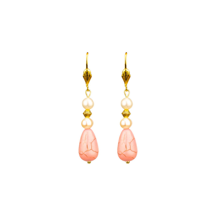 Close up of pearly pink stone hoop handcrafted earrings