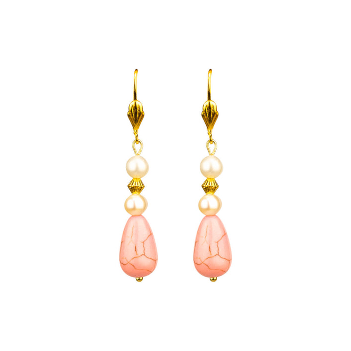 Pearly Pink Stone Hoop Handcrafted Earrings Handcrafted in Greece