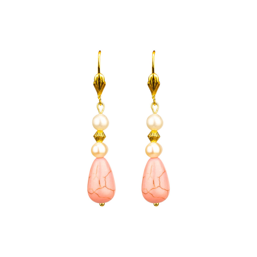 Pearly Pink Stone Hoop Handcrafted Earrings Handcrafted in Greece