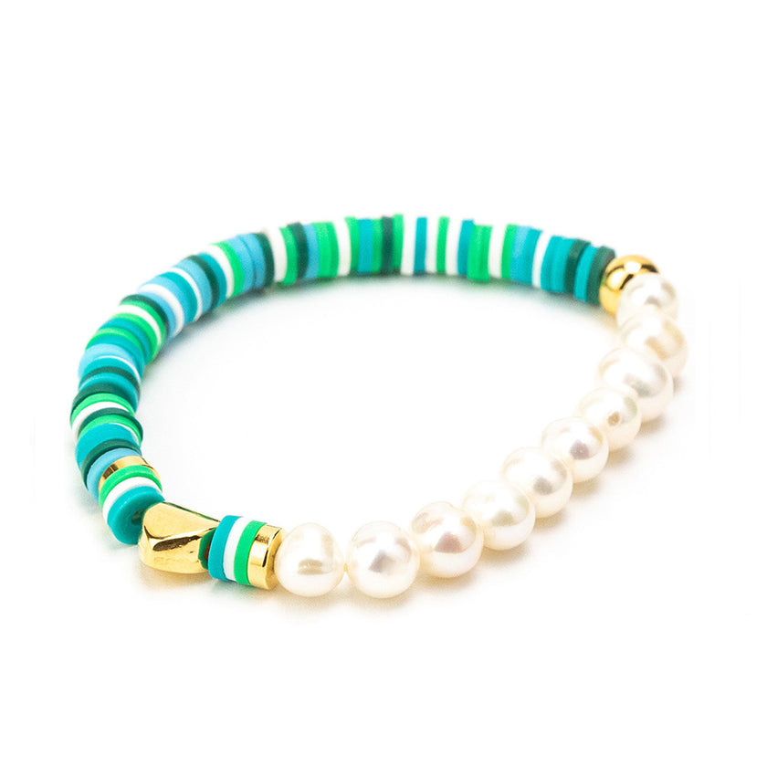 Greek-Made Pearly Green Heart Bracelet with Freshwater Pearls