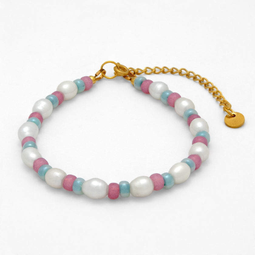 Pearly Soft Berry Pink & Blue Grey Adjustable Bracelet Handmade in Greece