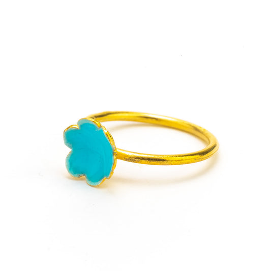 Petrol Green Large Flower, Ring, in Gold Plated Silver