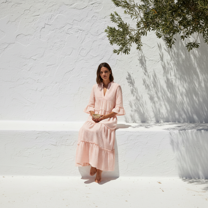 Woman in a pink dress sitting against a white wall with shadows and greenery.