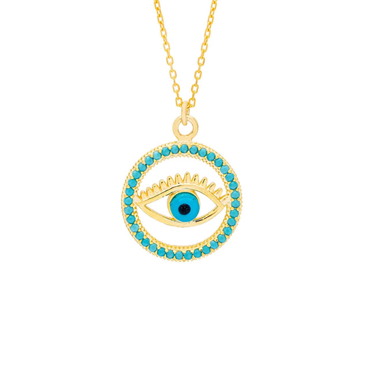 Handcrafted Round Turquoise Stone Evil Eye Pendant Necklace made of gold-plated sterling silver for protection and good luck