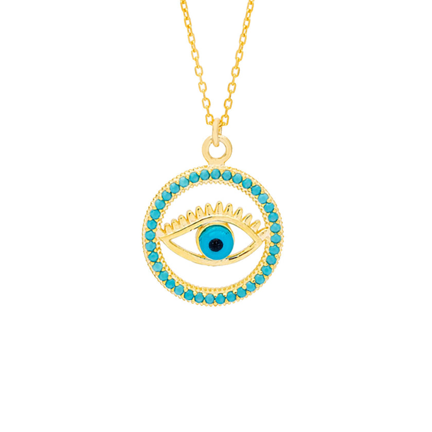 Handcrafted Round Turquoise Stone Evil Eye Pendant Necklace made of gold-plated sterling silver for protection and good luck