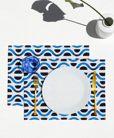 Close up of santorini, set of 2 cotton-made, placemats in blue