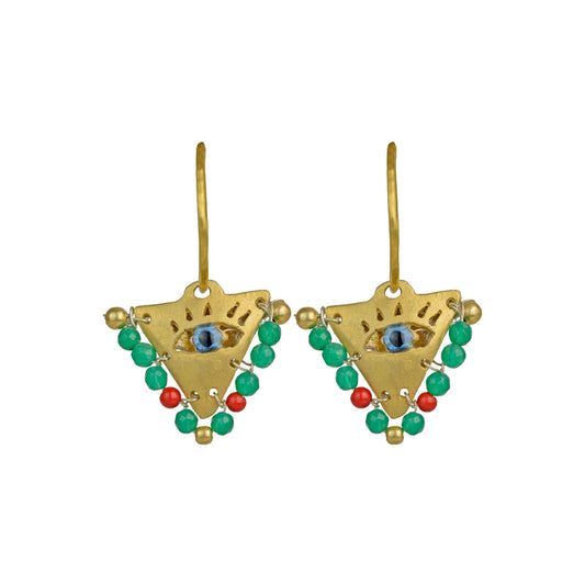 Hand-crafted Fylachto evil eye pendant earrings in gold-plated silver with red and emerald beads. Modern luxury jewelry inspired by a traditional grandmother's lucky charm for new babies.