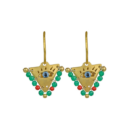Hand-crafted Fylachto evil eye pendant earrings in gold-plated silver with red and emerald beads. Modern luxury jewelry inspired by a traditional grandmother's lucky charm for new babies.