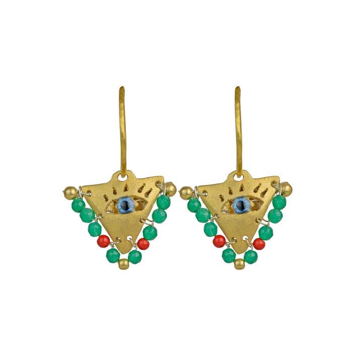 Hand-crafted Fylachto evil eye pendant earrings in gold-plated silver with red and emerald beads. Modern luxury jewelry in...