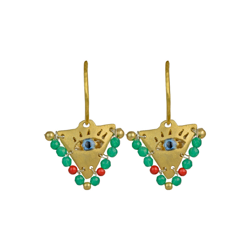 Hand-crafted Fylachto evil eye pendant earrings in gold-plated silver with red and emerald beads. Modern luxury jewelry in...