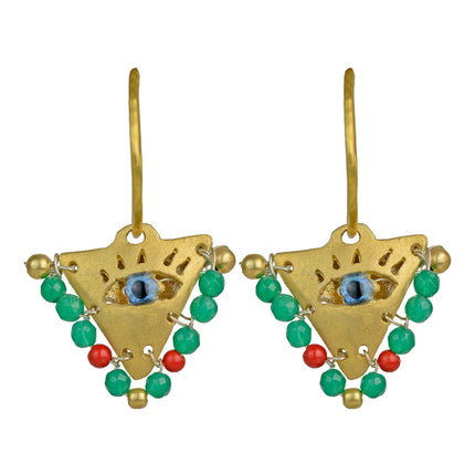 Hand-crafted Filakto evil eye pendant earrings in gold-plated silver with red and emerald beads. Modern luxury jewelry inspired by a traditional grandmother's lucky charm for new babies.