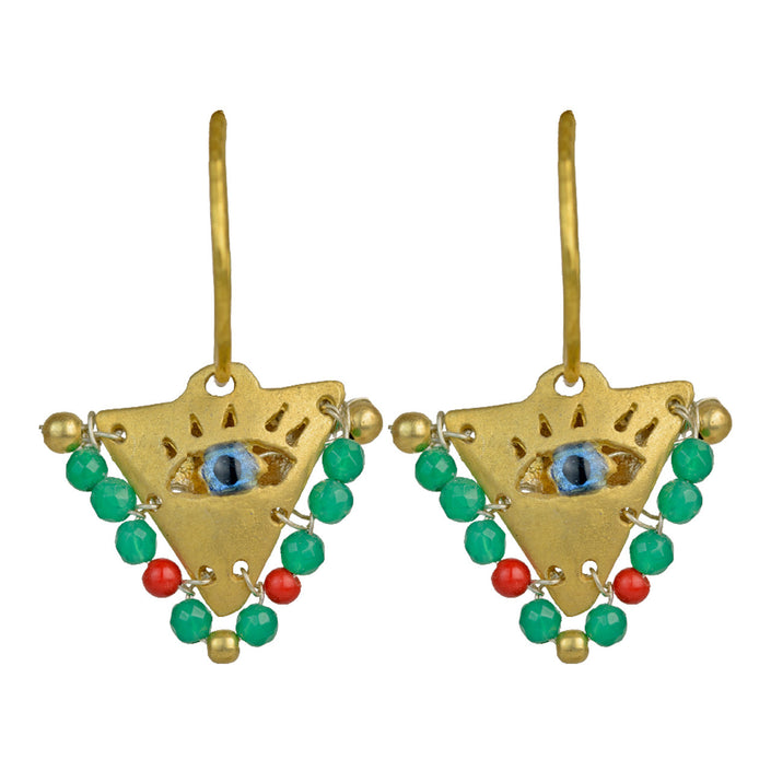 Hand-crafted Filakto evil eye pendant earrings in gold-plated silver with red and emerald beads. Modern luxury jewelry ins...
