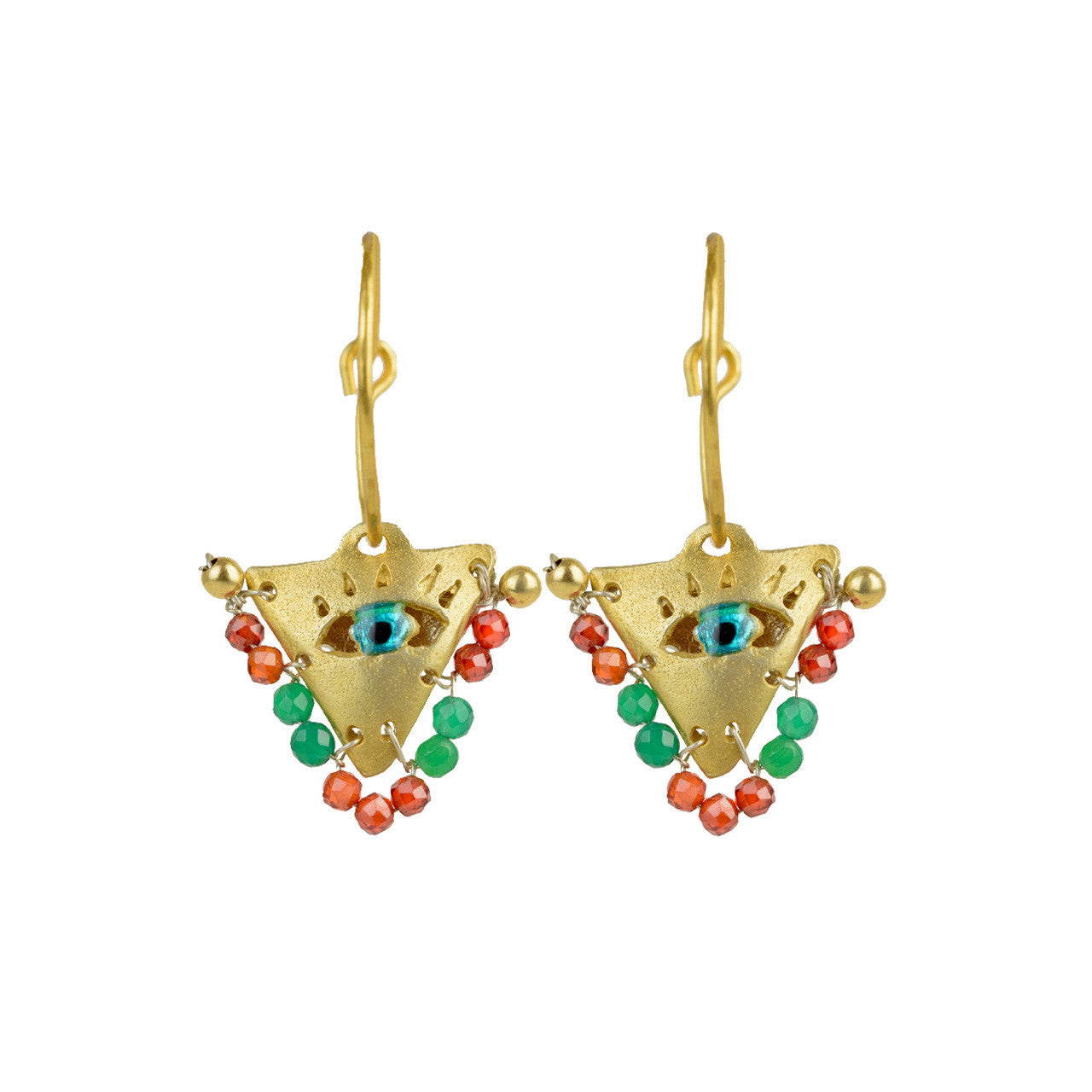 Gold-plated silver hoop earrings with emerald and orange beads with a turquoise Greek Evil Eye. Filakto lucky charm representing family devotion. Handcrafted jewelry.