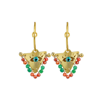 Gold-plated silver hoop earrings with emerald and orange beads with a turquoise Greek Evil Eye. Filakto lucky charm representing family devotion. Handcrafted jewelry.