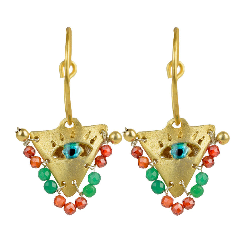 Gold-plated silver hoop earrings with emerald and orange beads with a turquoise Greek Evil Eye. Fylachto lucky charm representing family devotion. Handcrafted jewelry.
