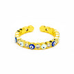 Adjustable gold band ring with blue evil eye enamel accents and clear crystals, handcrafted statement jewelry