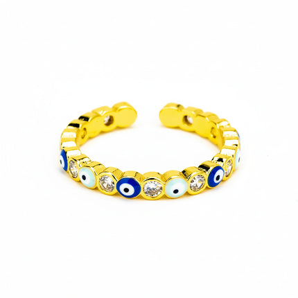 Adjustable gold band ring with blue evil eye enamel accents and clear crystals, handcrafted statement jewelry