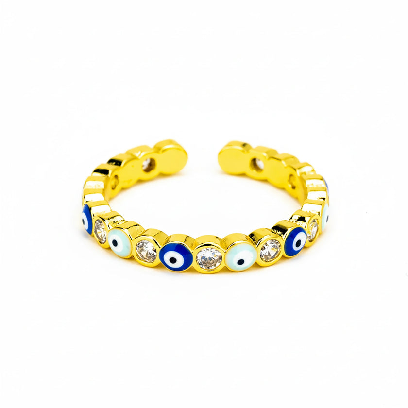 Adjustable gold band ring with blue evil eye enamel accents and clear crystals, handcrafted statement jewelry