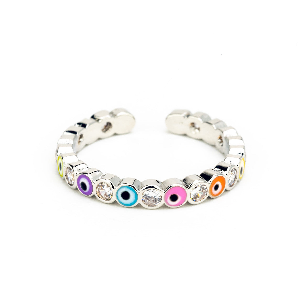 Sparkly Multicoloured Evil Eye Ring in Silver Adjustable, Handmade in Greece