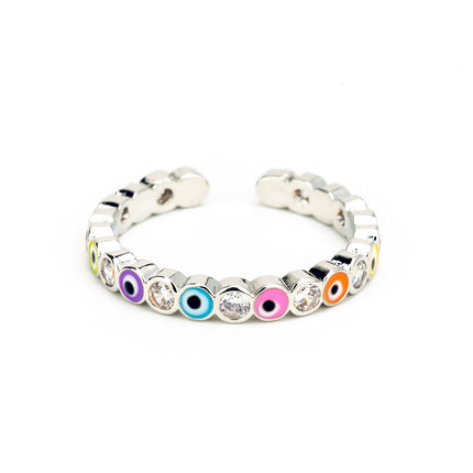 Sparkly Multicoloured Evil Eye Ring in Silver Adjustable, Handmade in Greece