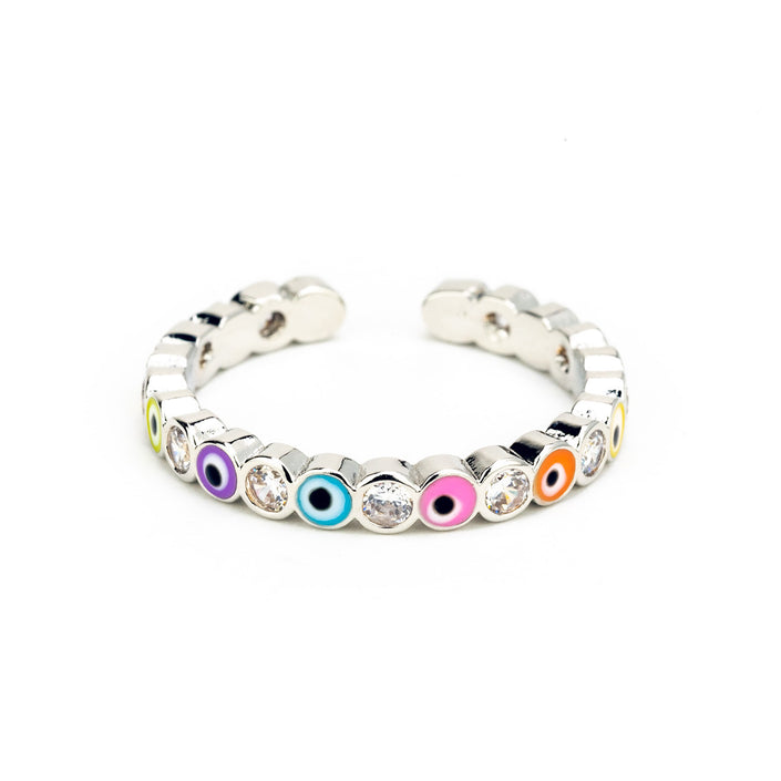 Sparkly Multicoloured Evil Eye Ring in Silver Adjustable, Handmade in Greece