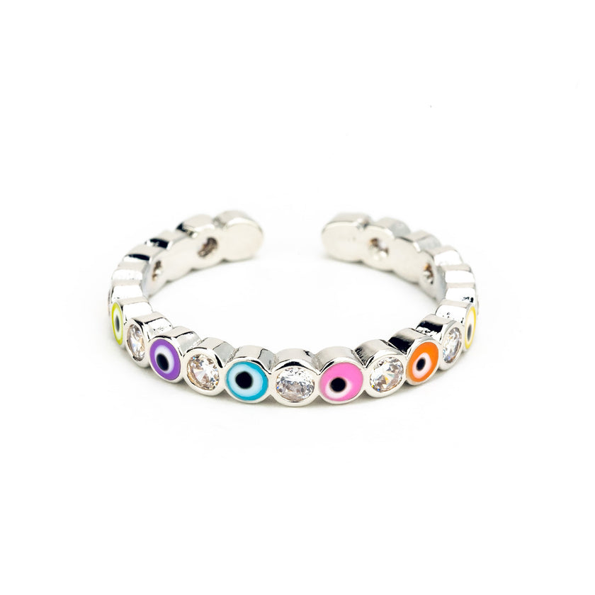 Sparkly Multicoloured Evil Eye Ring in Silver Adjustable, Handmade in Greece