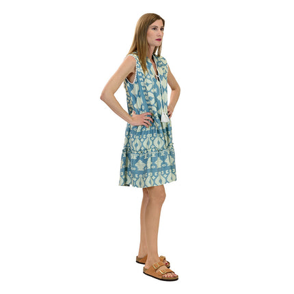 Close up of teal tint sleeveless kaftan dress