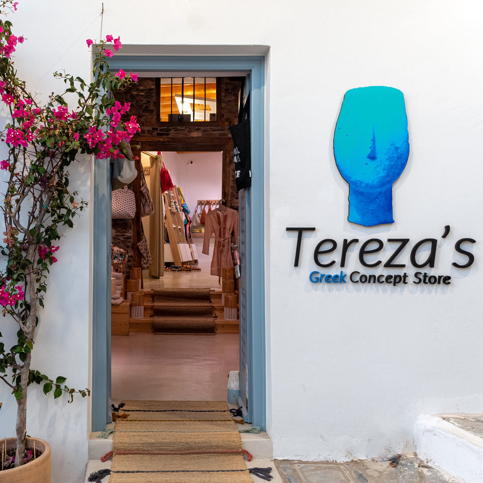 Entrance of Tereza’s Greek Concept Store boutique in Naxos Old Town Greece with handmade fashion and gifts