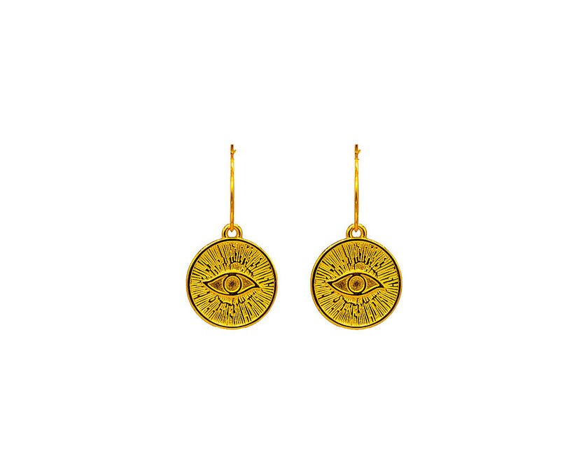 Close up of tereza's gold evil eye, hoop earrings