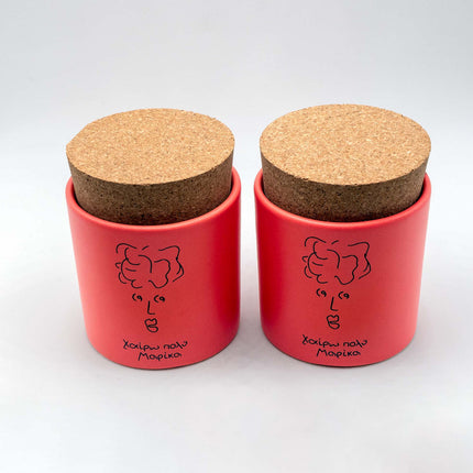 Close up of set of 2 meet marika sugar/coffee jar