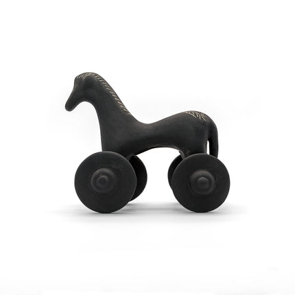 Black Trojan Horse statue handcrafted from clay with intricate detail, bringing ancient Greek history and strategic warfar...