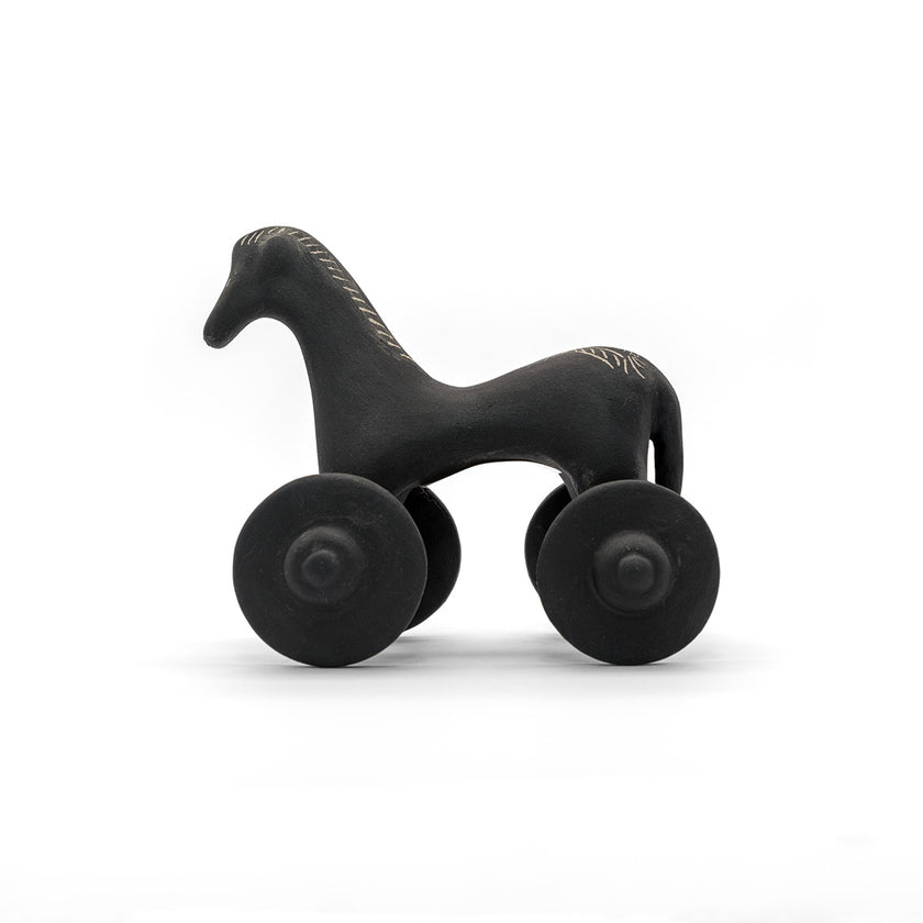 Black Trojan Horse statue handcrafted from clay with intricate detail, bringing ancient Greek history and strategic warfar...