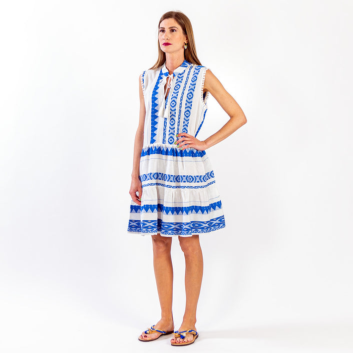 Close up of zakar sleeveless dress in blue & white