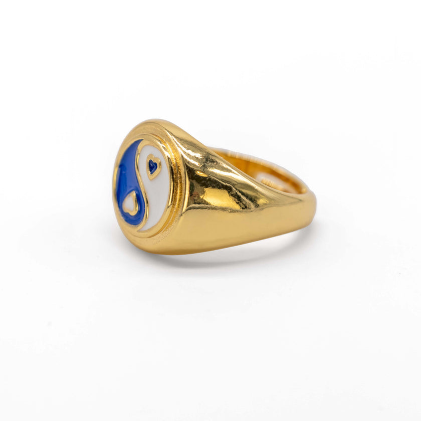 Close up of ying yang ring, in blue & white