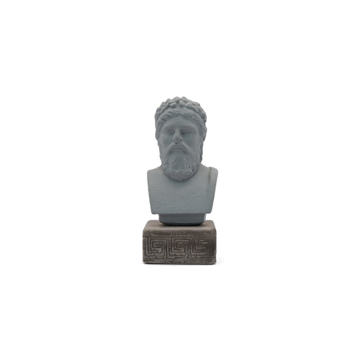Handcrafted cool gray Zeus figurine embodying the majesty of the supreme Greek deity. Masterfully sculpted statuette blending classical Greek artistry with modern aesthetics.