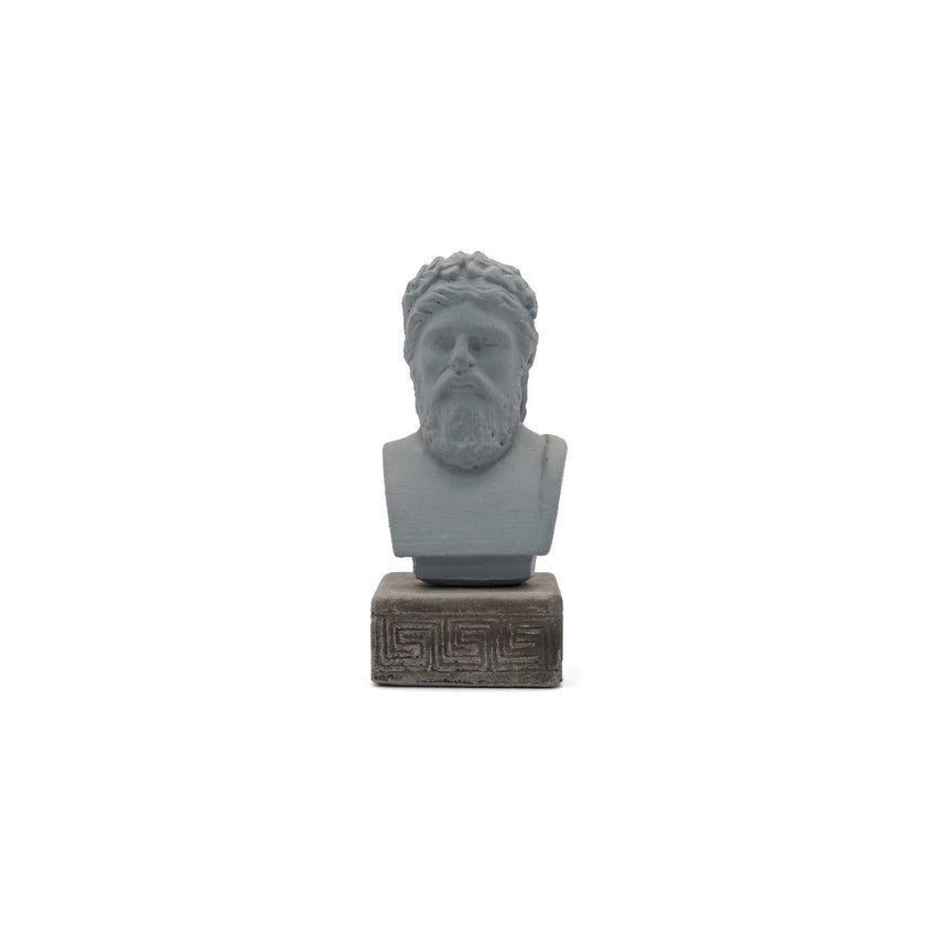 Handcrafted cool gray Zeus figurine embodying the majesty of the supreme Greek deity. Masterfully sculpted statuette blend...