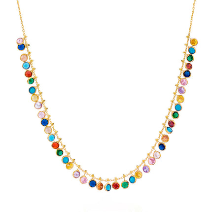Zircon Drops, Colourful Necklace by Tereza of Naxos is a bold and colourful masterpiece that will make you stand out from the crowd. Featuring a stunning array of zircon stones in a variety of vibrant colours, this necklace is versatile piece.