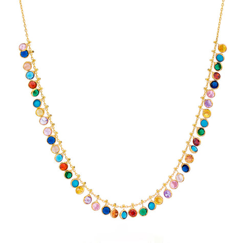 Zircon Drops, Colourful Necklace by Tereza of Naxos is a bold and colourful masterpiece that will make you stand out from the crowd. Featuring a stunning array of zircon stones in a variety of vibrant colours, this necklace is versatile piece.