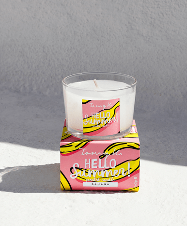 Close up of hello summer banana scented candle