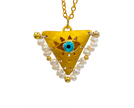 Gold-plated silver evil eye necklace with pearl beads, handcrafted Filakto lucky charm jewelry.