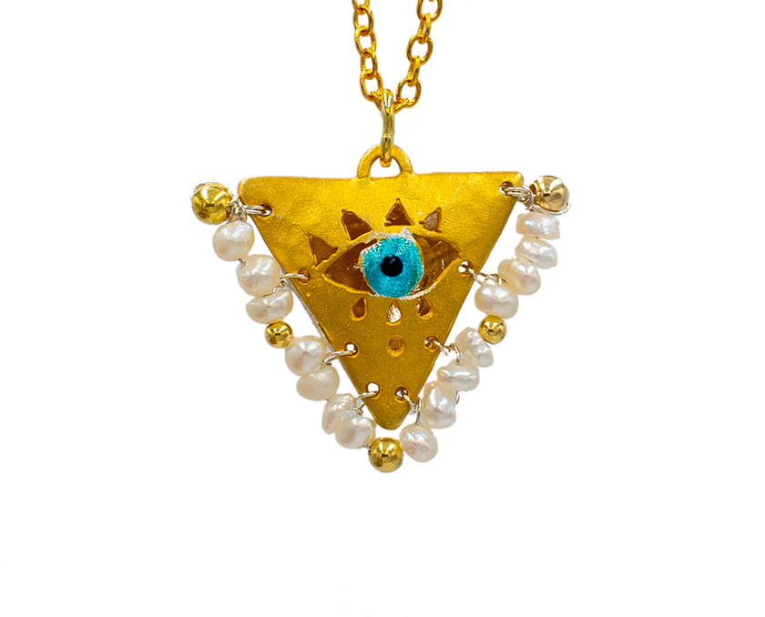 Gold-plated silver evil eye necklace with pearl beads, handcrafted Filakto lucky charm jewelry.
