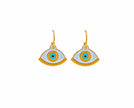 Close up of gold evil eye in white, hoop earrings
