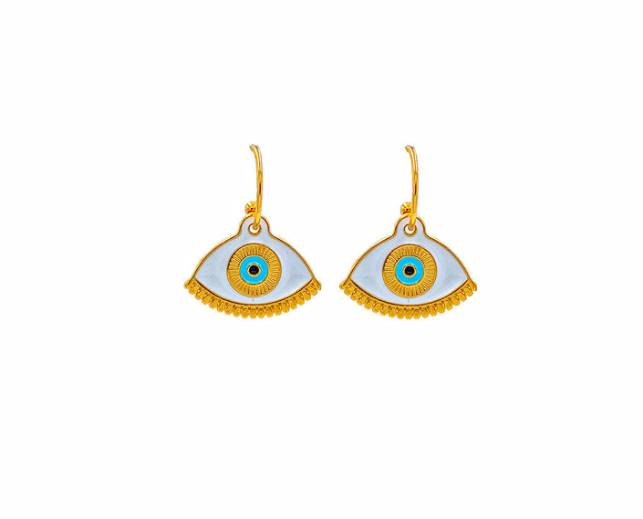 Close up of gold evil eye in white, hoop earrings