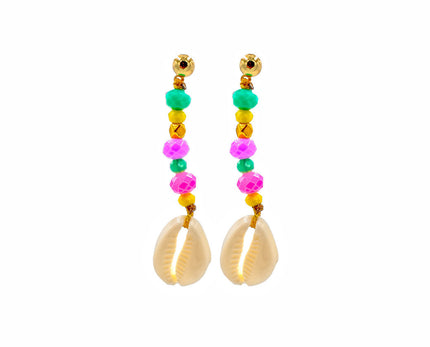 Close up of boho style, sea shell, colourful earrings