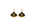 Close up of gold evil eye in black,  hoop earrings